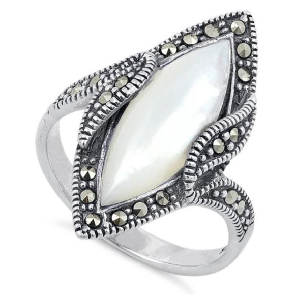 925 STERLING SILVER Marquise Mother Of Pearl & Marcasite Ring - Picture 15 of 15